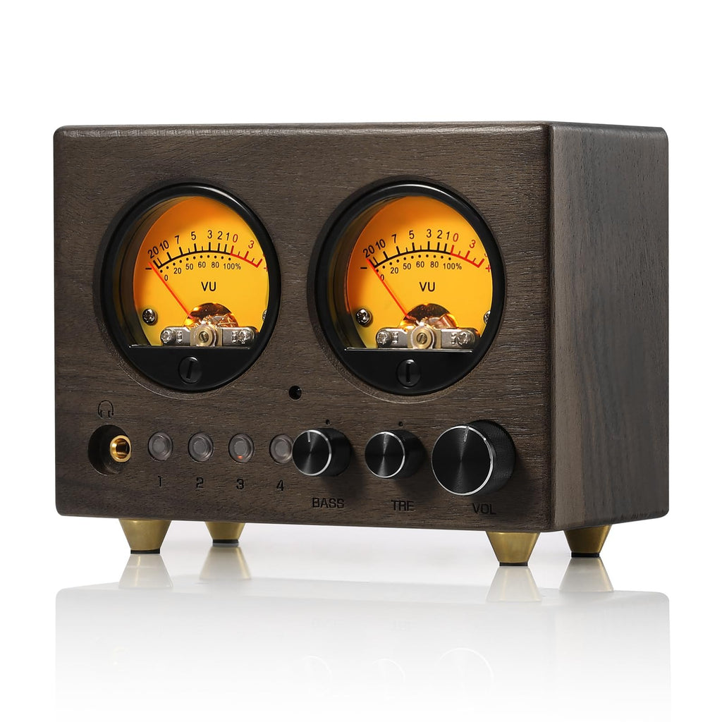 Nobsound VU1-W, switcher de audio 4x1 con doble VU meter y gabinete de nogal