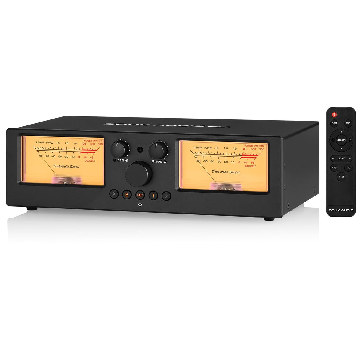 Douk Audio VU3 PRO, selector de amplificador y parlantes 2x2 con doble VU meter y control remoto