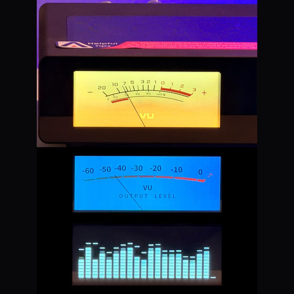 Pantalla del Ampapa D1 con VU meter, nivel de salida y espectro de audio