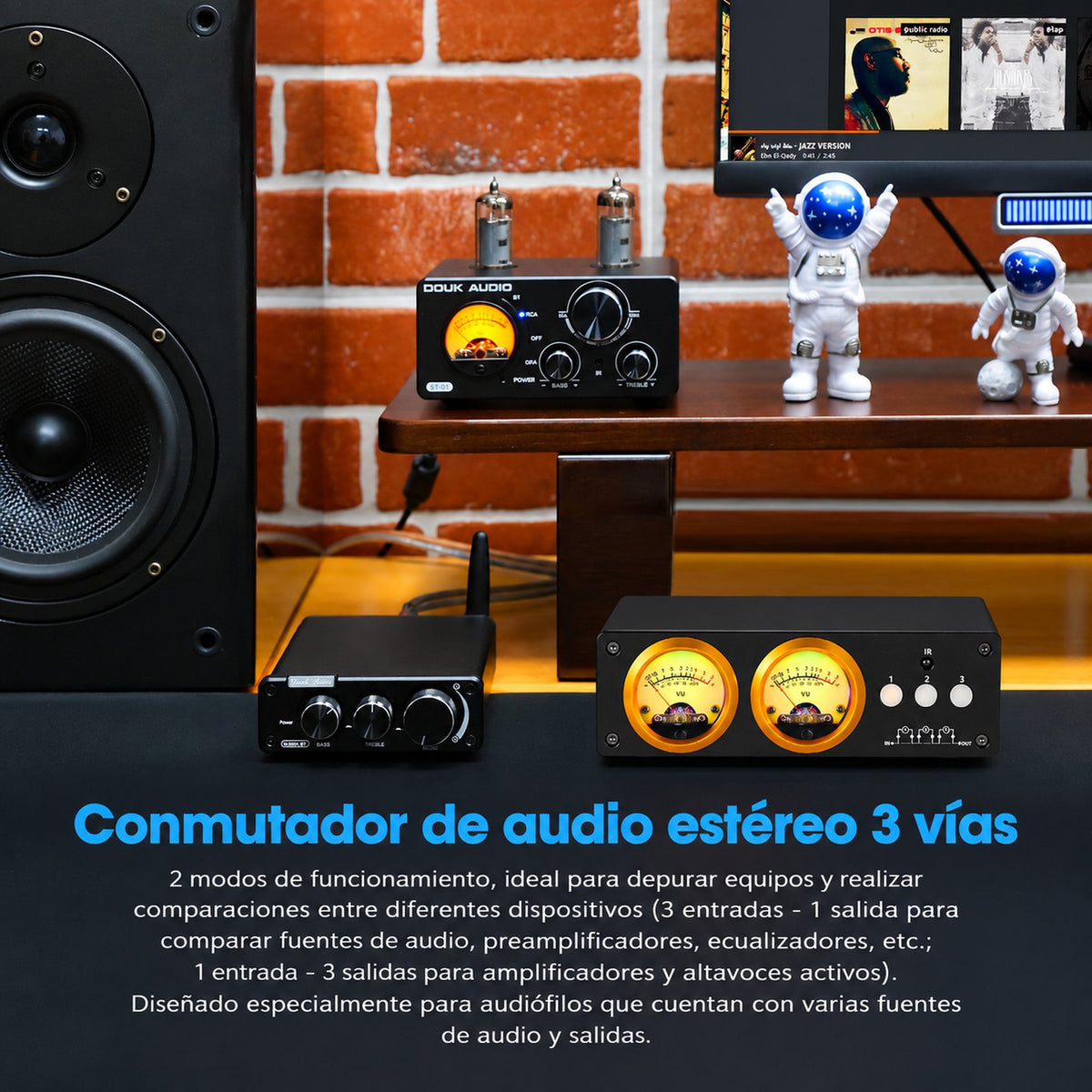 Conmutador de audio estéreo L3 de 3 vías en un sistema HiFi de escritorio
