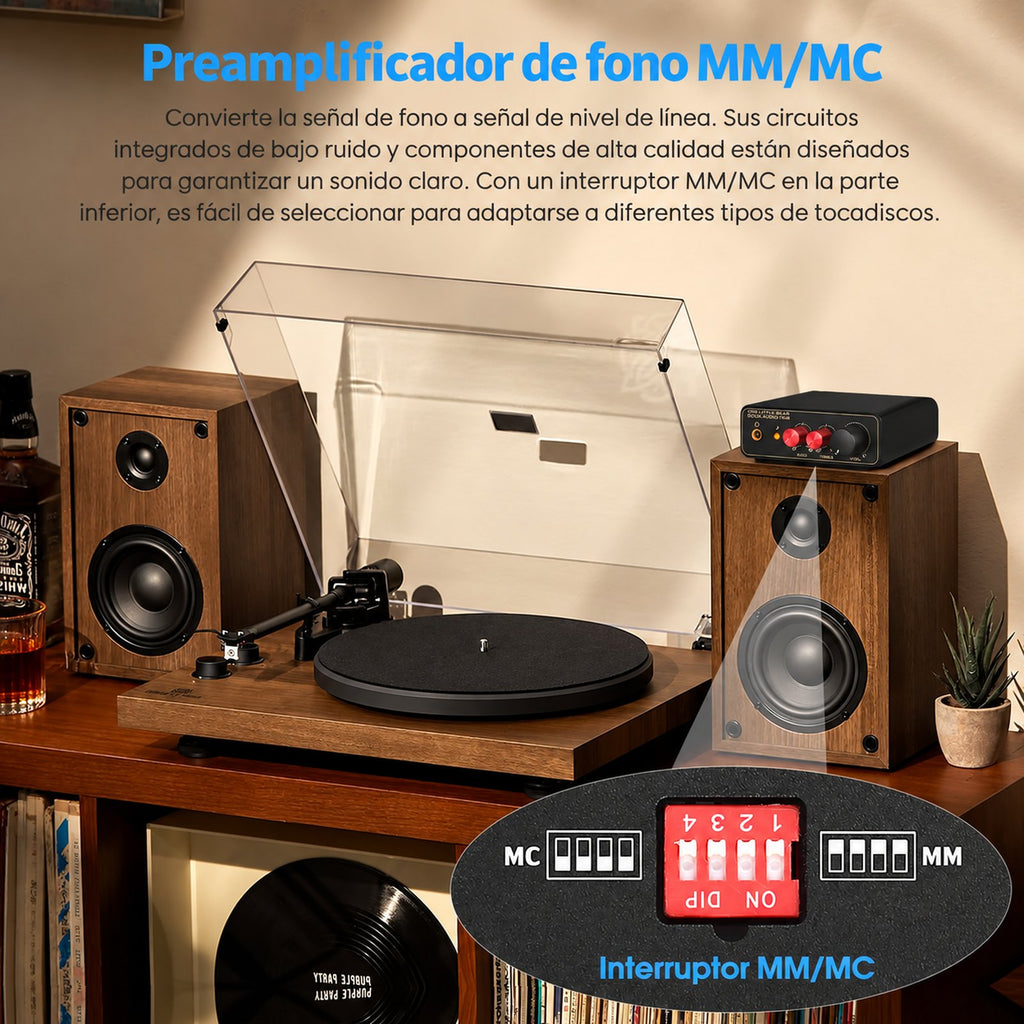 T14-EQ junto a una tornamesa, con interruptor MM/MC