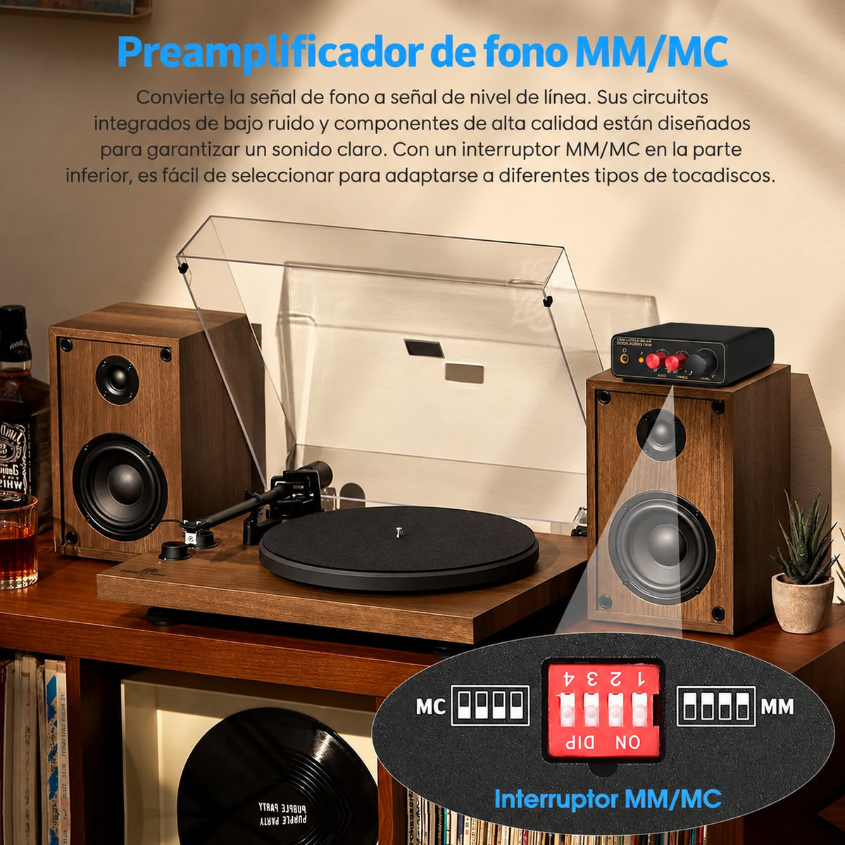 T14-EQ junto a una tornamesa, con interruptor MM/MC