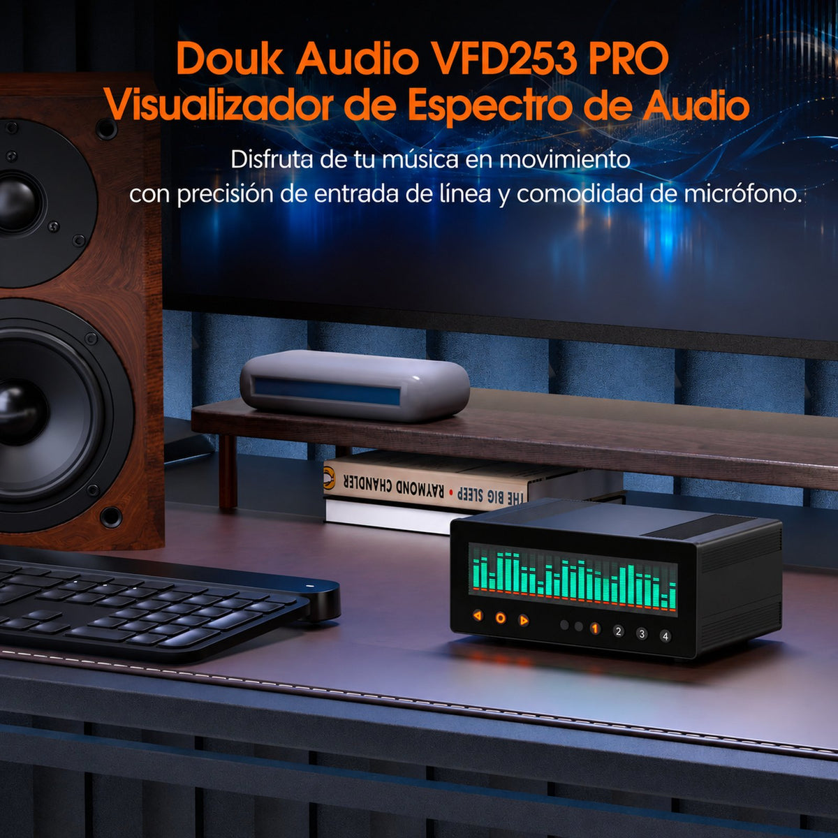 Douk Audio VFD253-PRO – Selector de Audio 4 Canales con Pantalla de Espectro Musical VFD de 25 Bandas