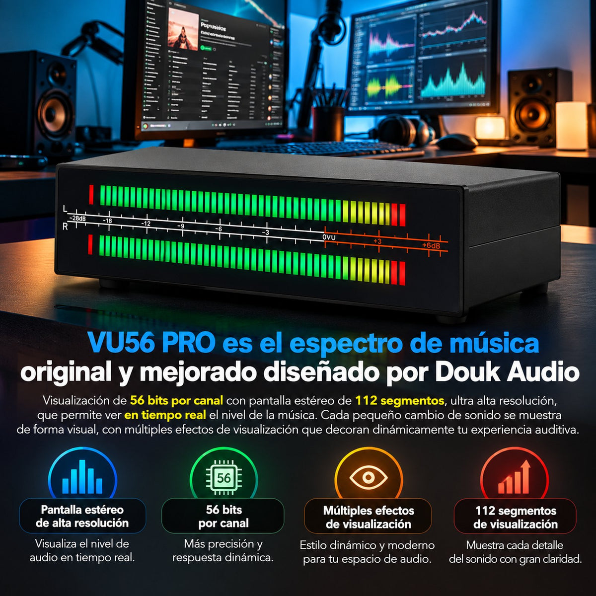 Douk Audio VU56 PRO, medidor VU LED estéreo de 112 segmentos y 56 bits por canal
