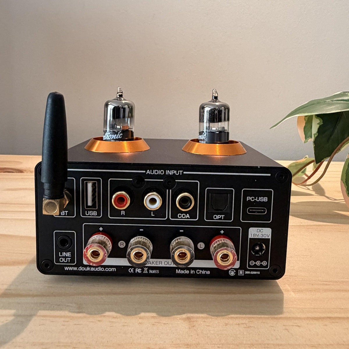 Panel trasero del ST-01 PRO: Bluetooth, USB, RCA, coaxial, óptica y bornes de parlante