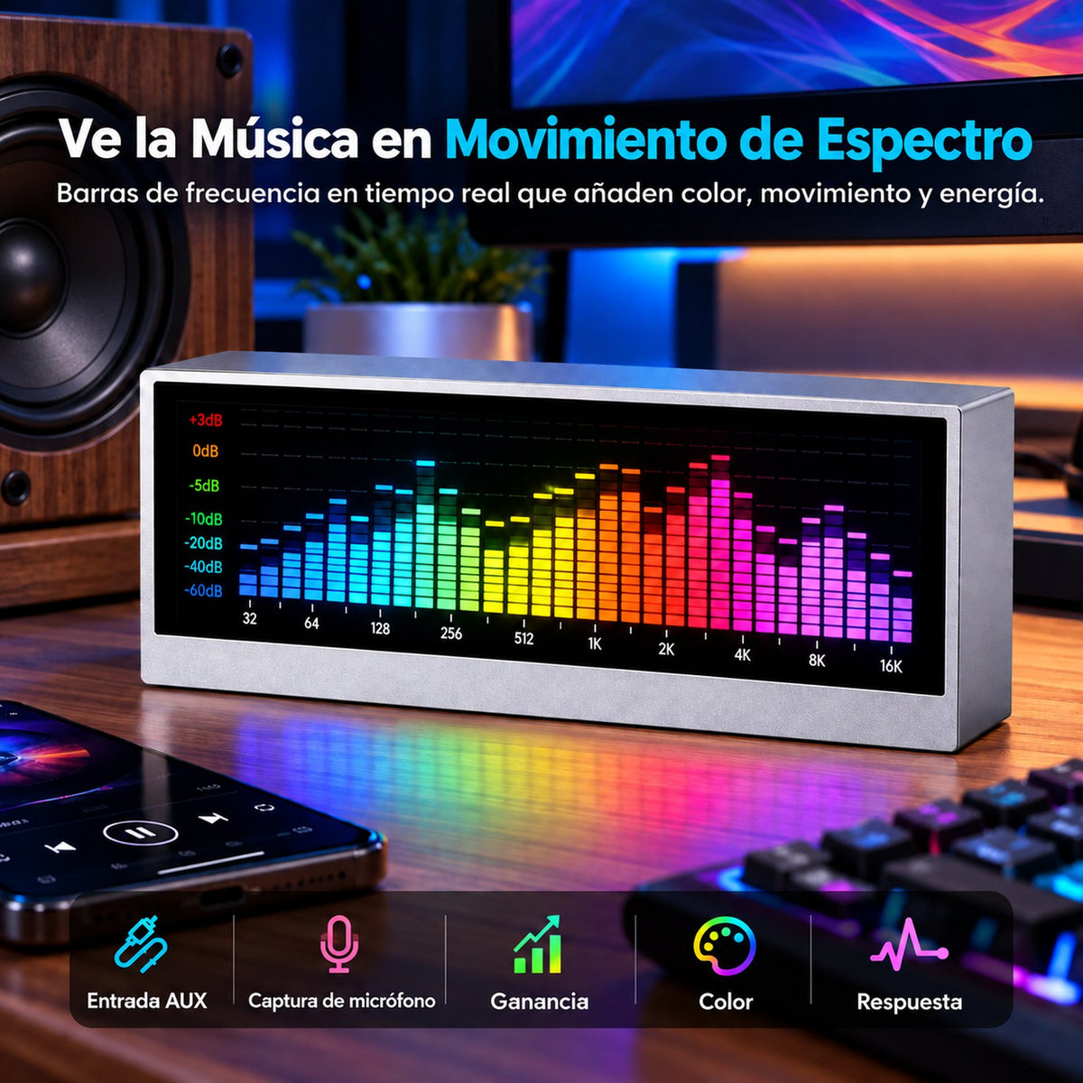 TX7 en modo espectro musical con barras de frecuencia en tiempo real