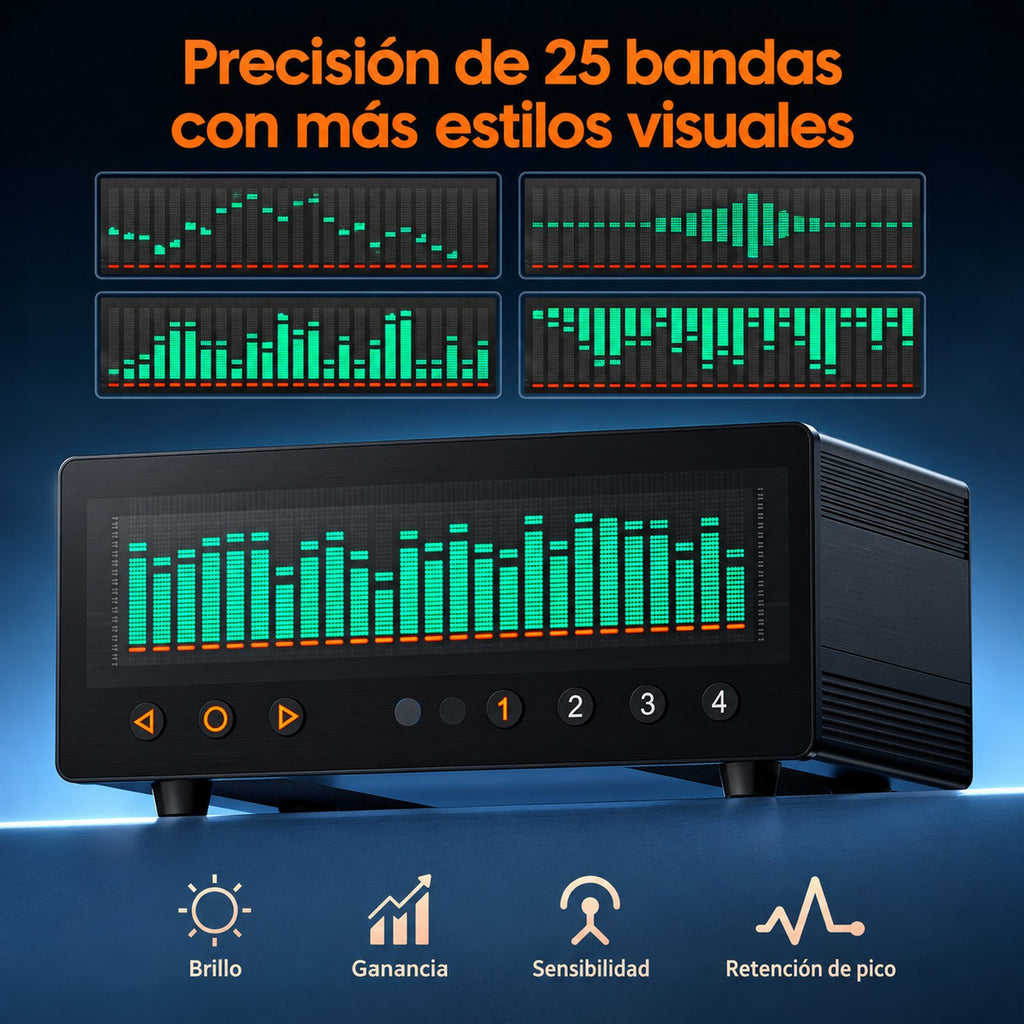 Douk Audio VFD253-PRO – Selector de Audio 4 Canales con Pantalla de Espectro Musical VFD de 25 Bandas