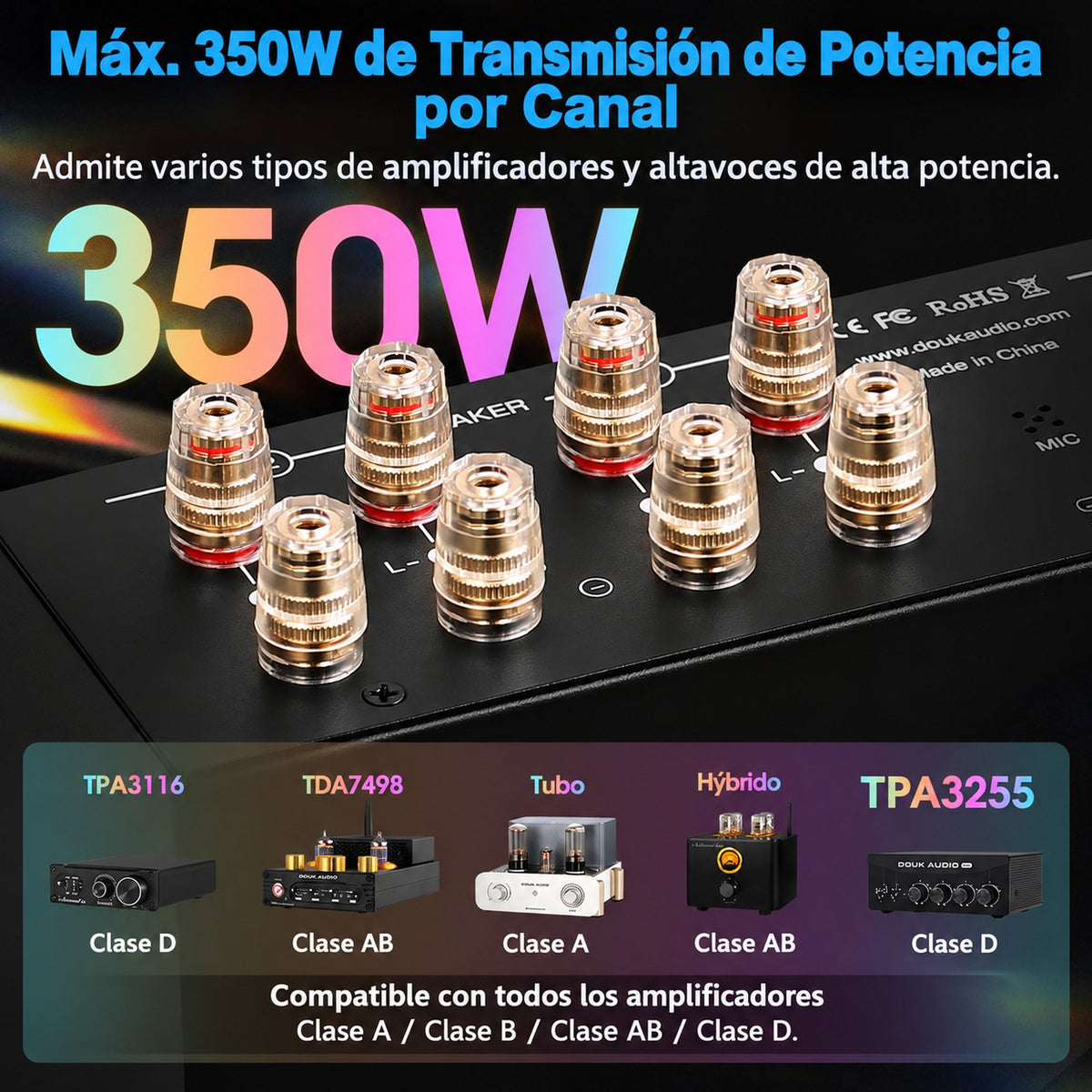 Bornes de cobre del VU3 PRO, soporta hasta 350 W por canal