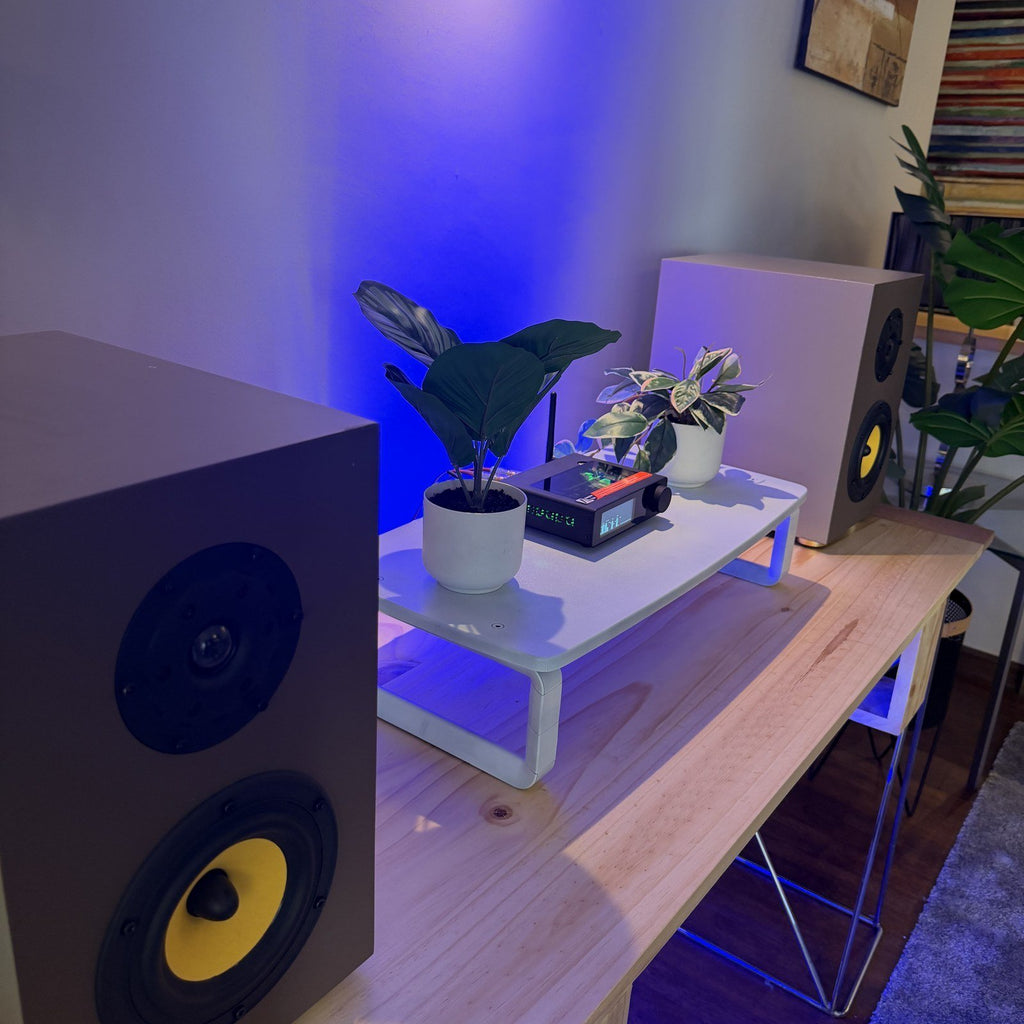 Ampapa D1 conectado a parlantes de estantería