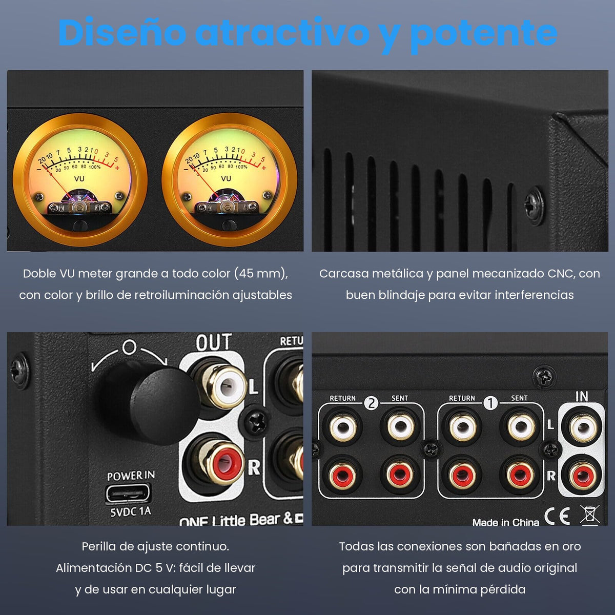 Detalles del L3: VU meters de 45 mm, carcasa metálica y conexiones bañadas en oro