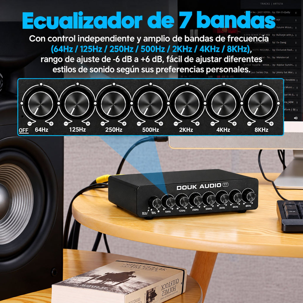 T7 con 7 bandas de 64 Hz a 8 kHz y ajuste de ±6 dB