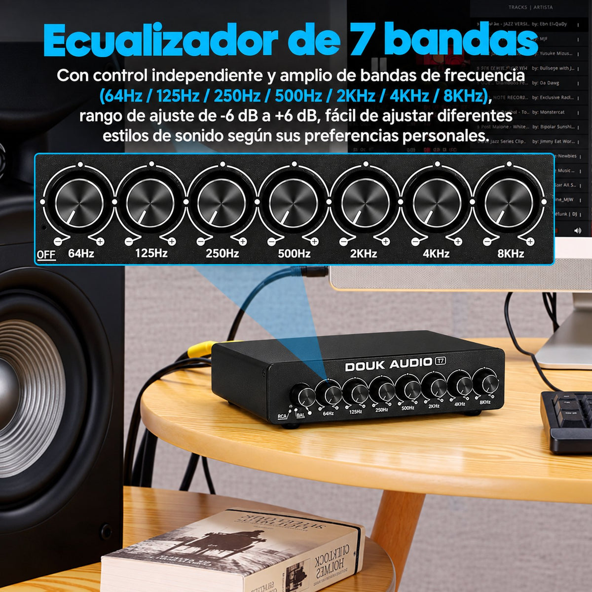 T7 con 7 bandas de 64 Hz a 8 kHz y ajuste de ±6 dB