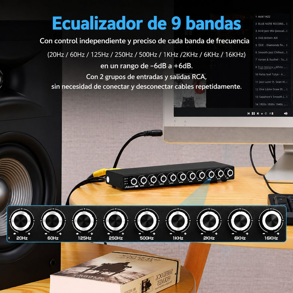 EQ9 con 9 bandas de 20 Hz a 16 kHz y ajuste de ±6 dB