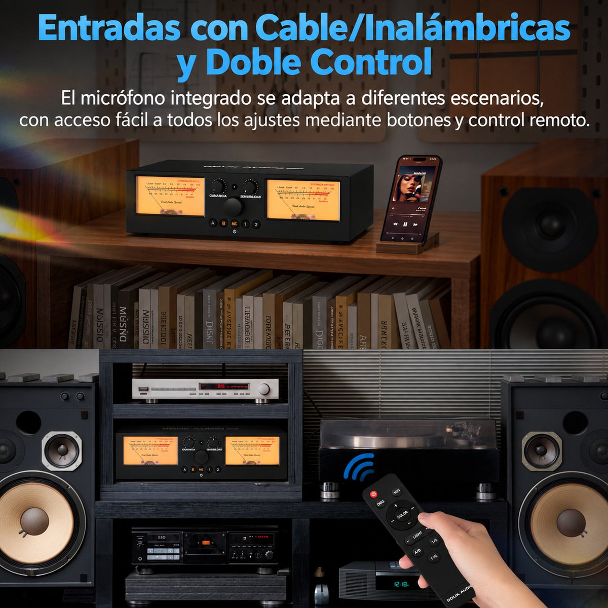 VU3 PRO con micrófono integrado y control remoto en un sistema HiFi