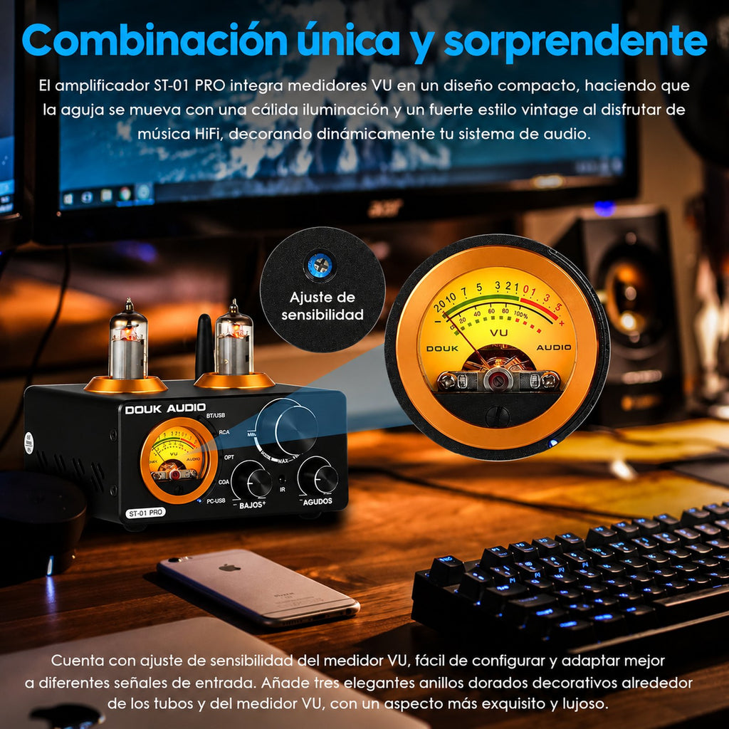 VU meter del ST-01 PRO con ajuste de sensibilidad y anillos dorados