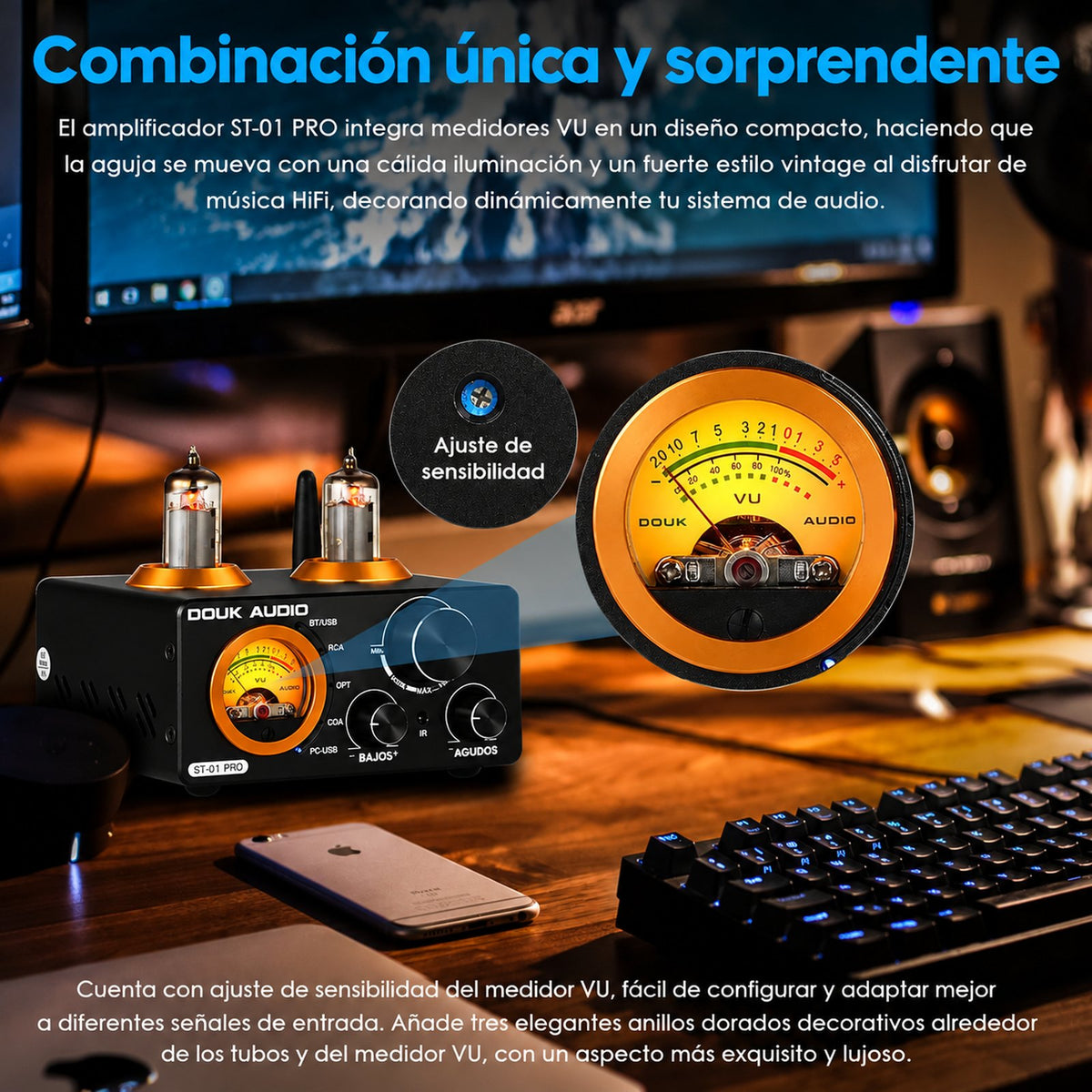 VU meter del ST-01 PRO con ajuste de sensibilidad y anillos dorados