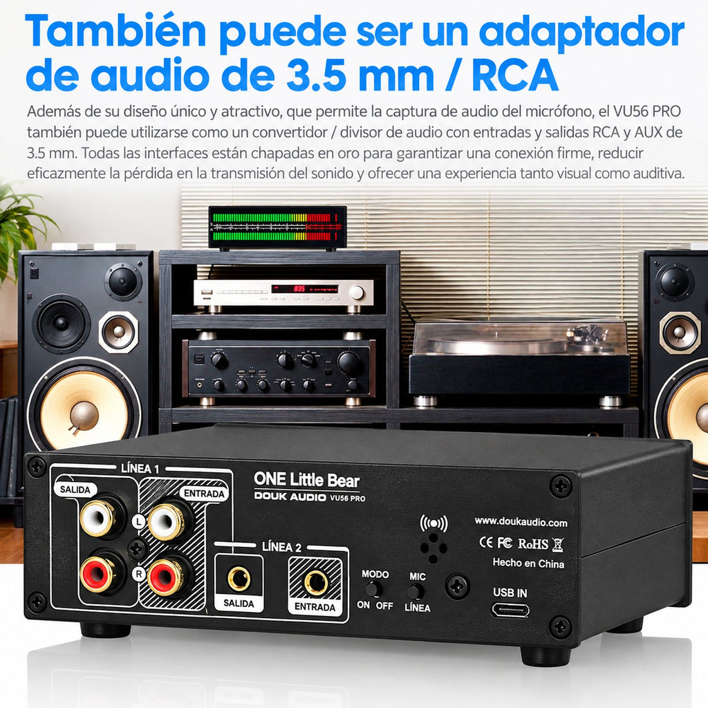 Douk Audio VU56 PRO como adaptador y divisor de audio RCA y 3,5 mm con conectores chapados en oro