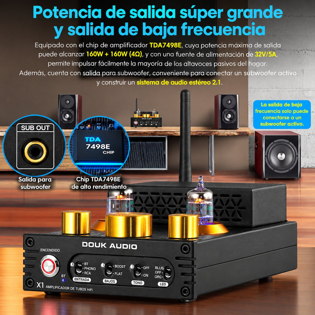 Douk Audio X1 – Amplificador Híbrido a Válvulas 160W×2 (máx.) con Bluetooth aptX-HD y Entrada Phono MM
