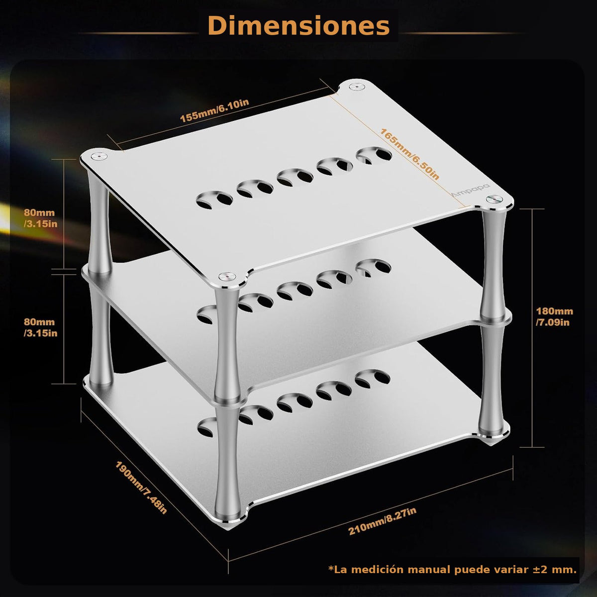 Dimensiones del rack BK1: 210 × 190 × 180 mm, 80 mm entre niveles