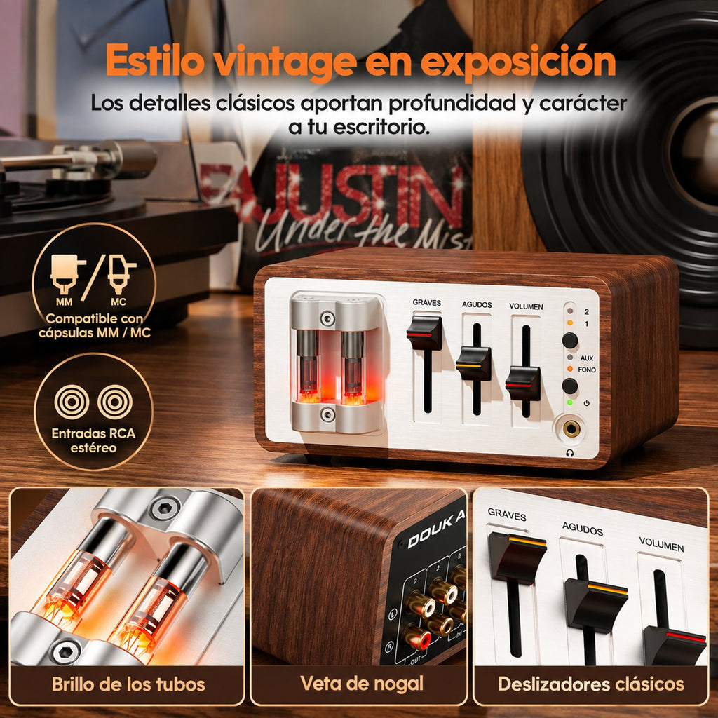 Estilo vintage del T12: brillo de los tubos, veta de nogal y deslizadores clásicos