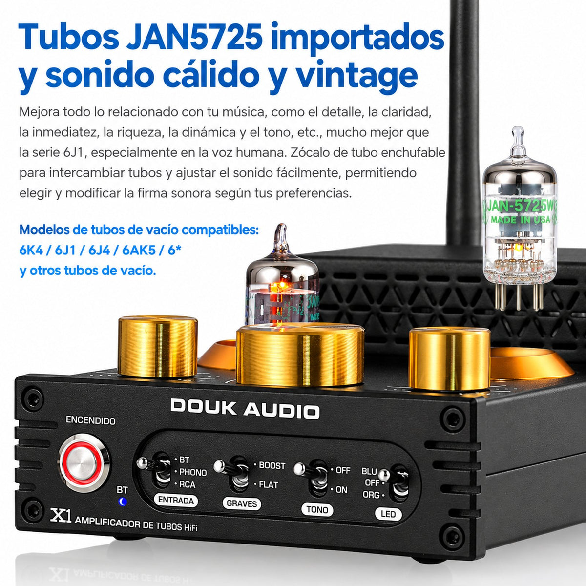 Douk Audio X1 – Amplificador Híbrido a Válvulas 160W×2 (máx.) con Bluetooth aptX-HD y Entrada Phono MM