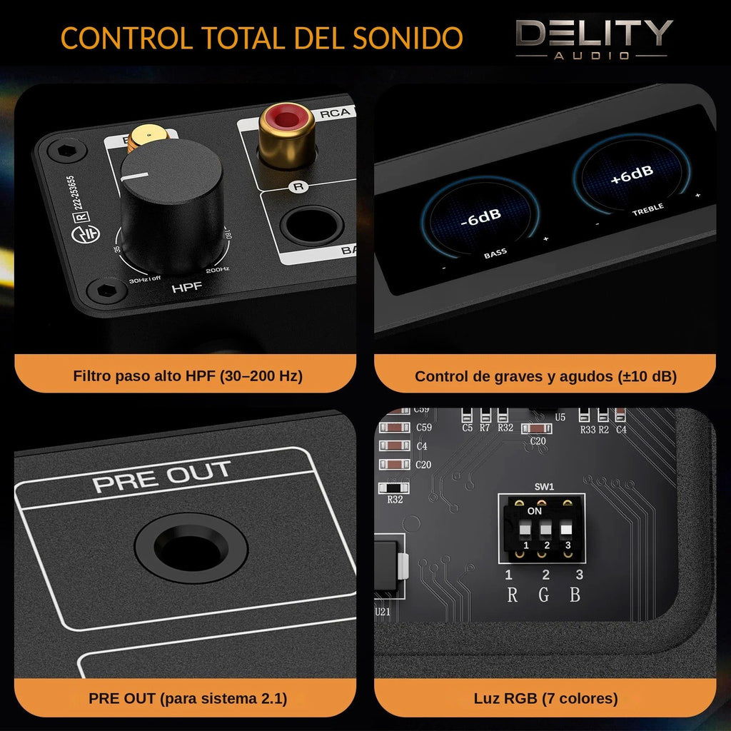 Ampapa D1: filtro paso alto HPF, control de graves y agudos, PRE OUT y luz RGB