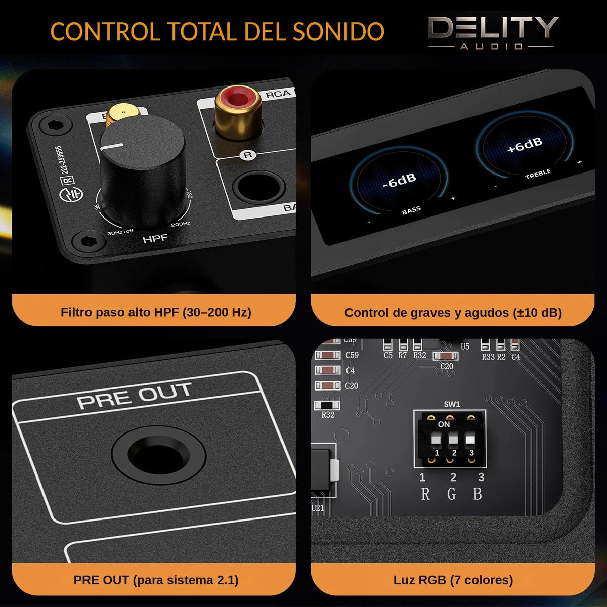 Ampapa D1: filtro paso alto HPF, control de graves y agudos, PRE OUT y luz RGB
