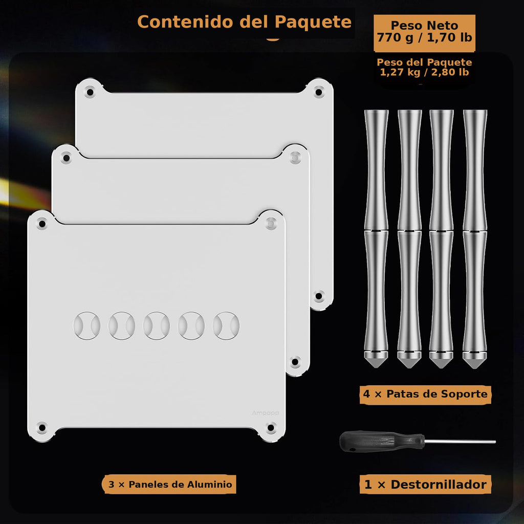 Contenido del BK1: 3 paneles de aluminio, 4 patas y destornillador