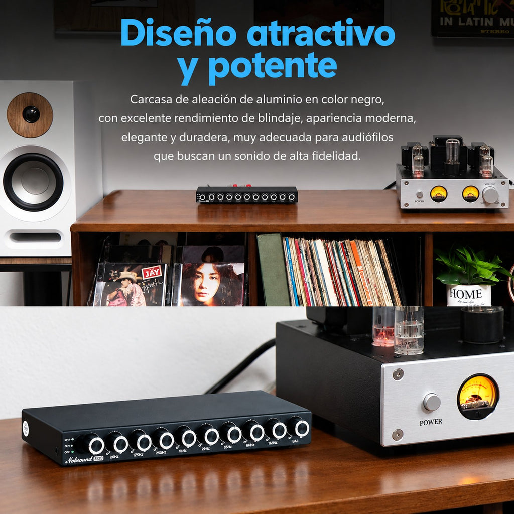 EQ9 con carcasa de aluminio en un sistema HiFi con amplificador a válvulas