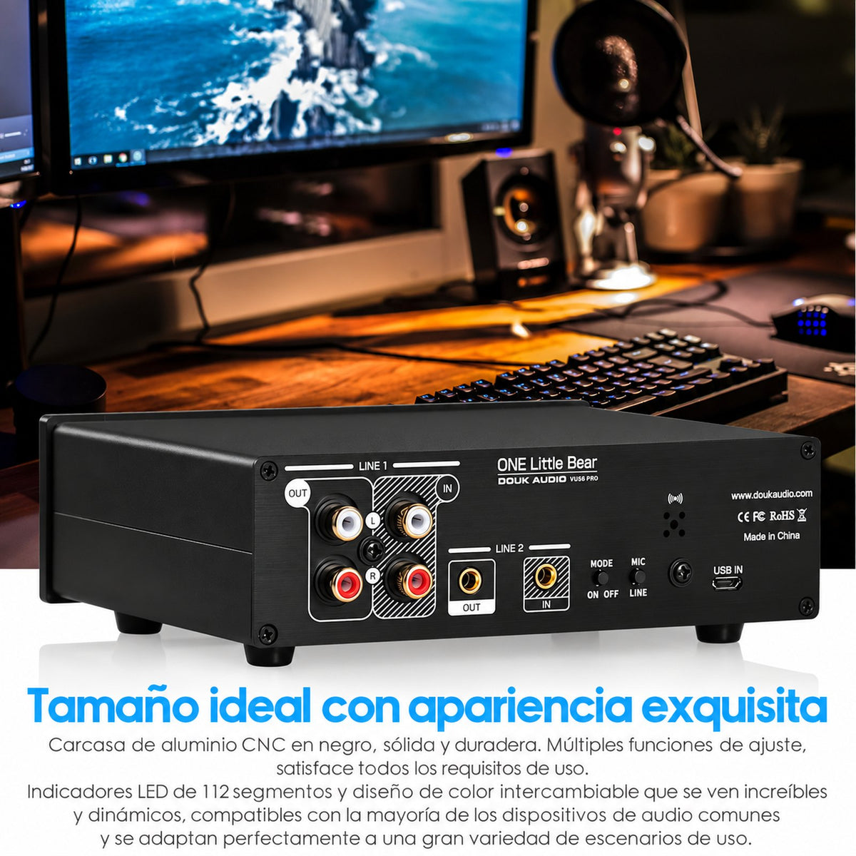 Douk Audio VU56 PRO con carcasa de aluminio CNC negra, compacta y de diseño elegante