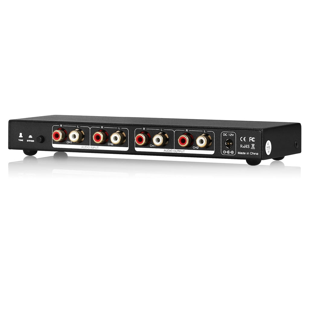 Panel trasero del EQ9 con 2 entradas y 2 salidas RCA y entrada DC 12 V
