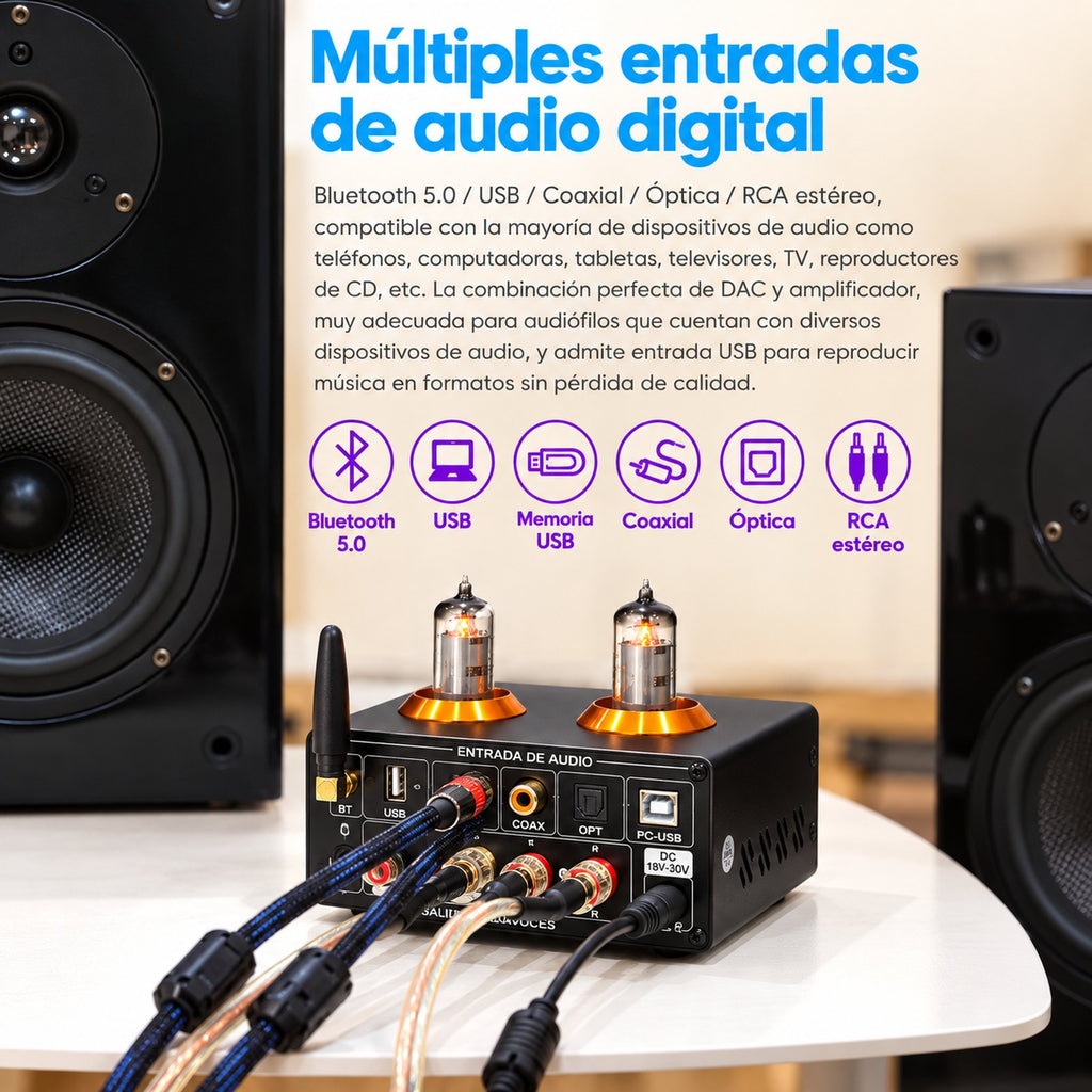 Entradas Bluetooth 5.0, USB, memoria USB, coaxial, óptica y RCA del ST-01 PRO