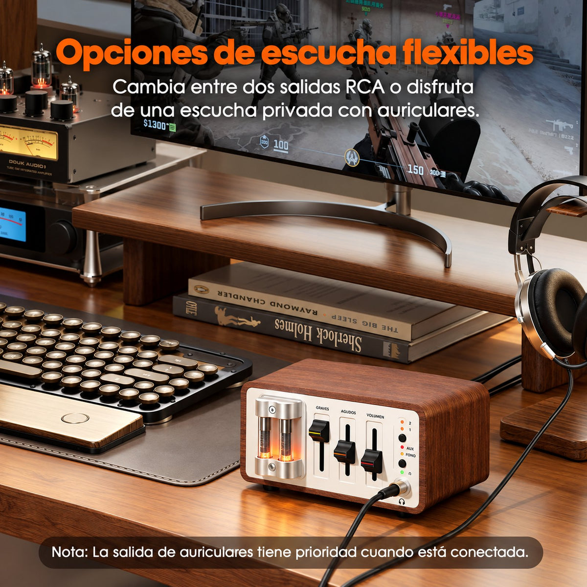 T12 en un escritorio con dos salidas RCA y salida de audífonos