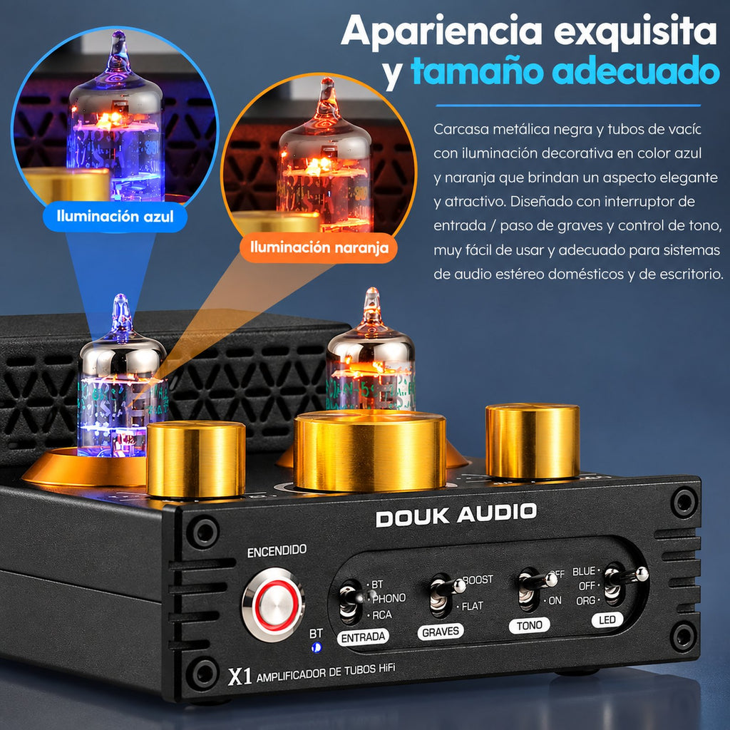Douk Audio X1 – Amplificador Híbrido a Válvulas 160W×2 (máx.) con Bluetooth aptX-HD y Entrada Phono MM