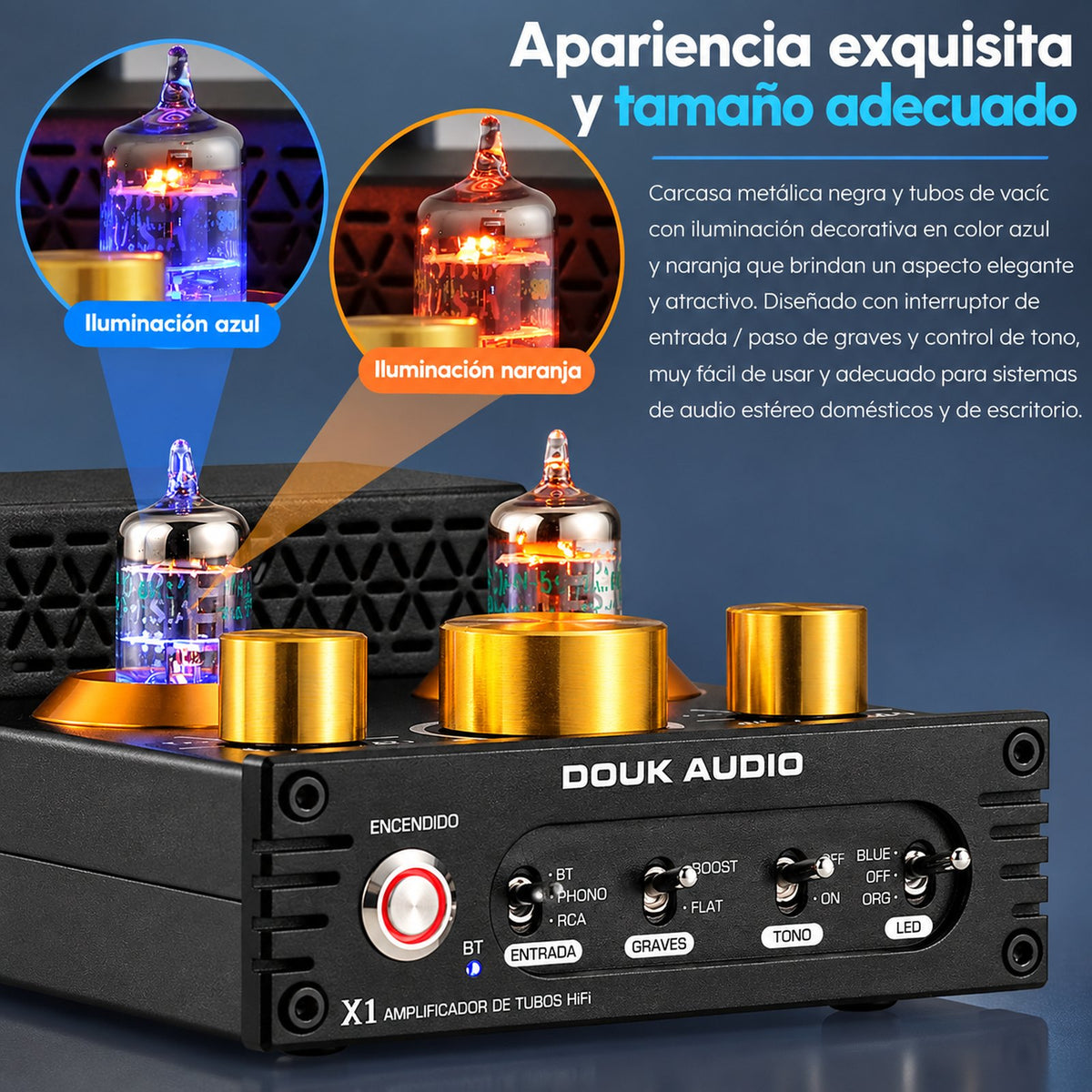 Douk Audio X1 – Amplificador Híbrido a Válvulas 160W×2 (máx.) con Bluetooth aptX-HD y Entrada Phono MM
