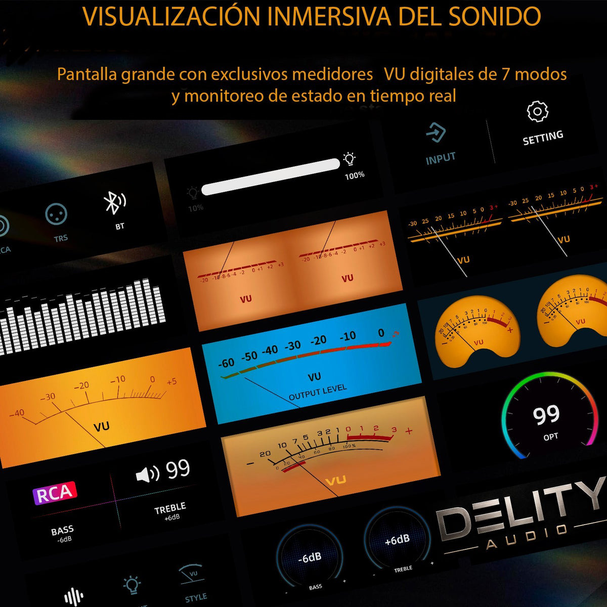 Pantalla del Ampapa D1 con 7 modos de VU meter