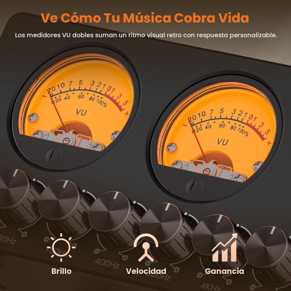 VU meters dobles del EQ7 con ajuste de brillo, velocidad y ganancia