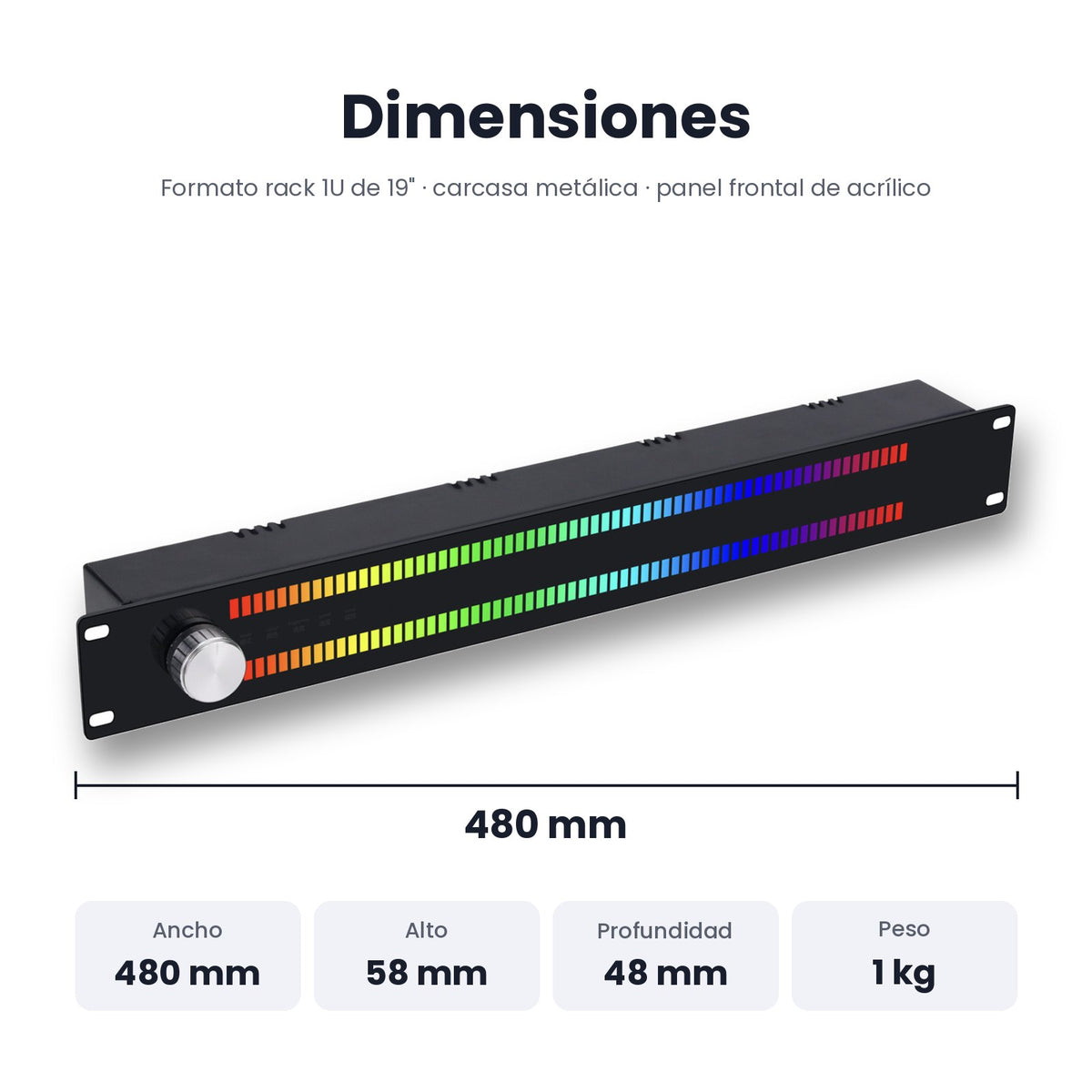 Dimensiones del Douk Audio TZT-1: 480 x 58 x 48 mm, 1 kg, formato rack 1U de 19 pulgadas