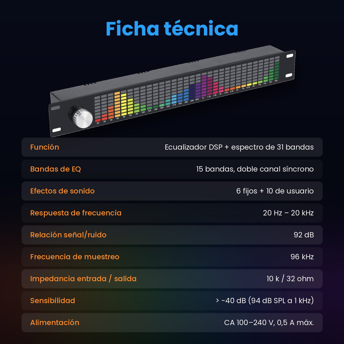 Douk Audio TZT-2 – Ecualizador Digital DSP de 15 Bandas con Pantalla de Espectro de 31 Bandas y Control Remoto