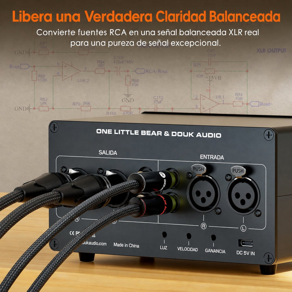 Panel trasero del EQ7 con conversión de RCA a XLR balanceada